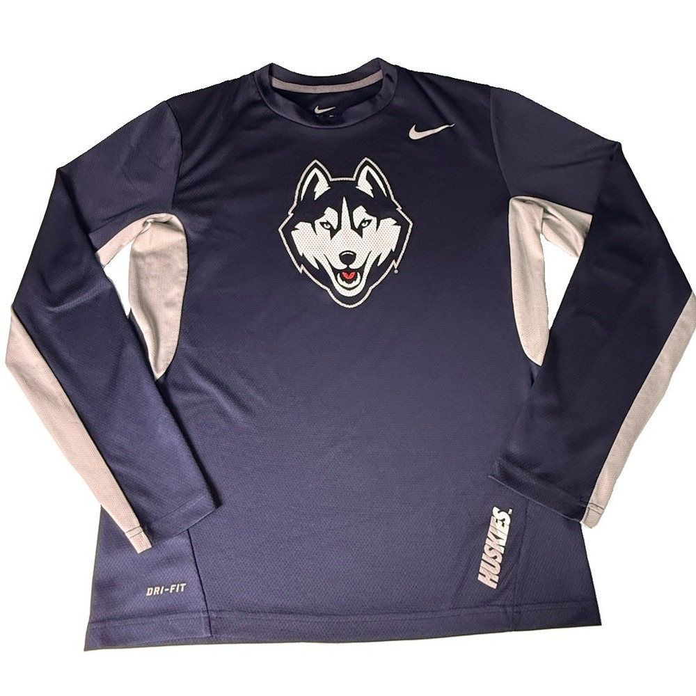 Nike Dri-FIT Long Sleeve Shirt UConn Huskies Men's Size M Gray Navy Blue